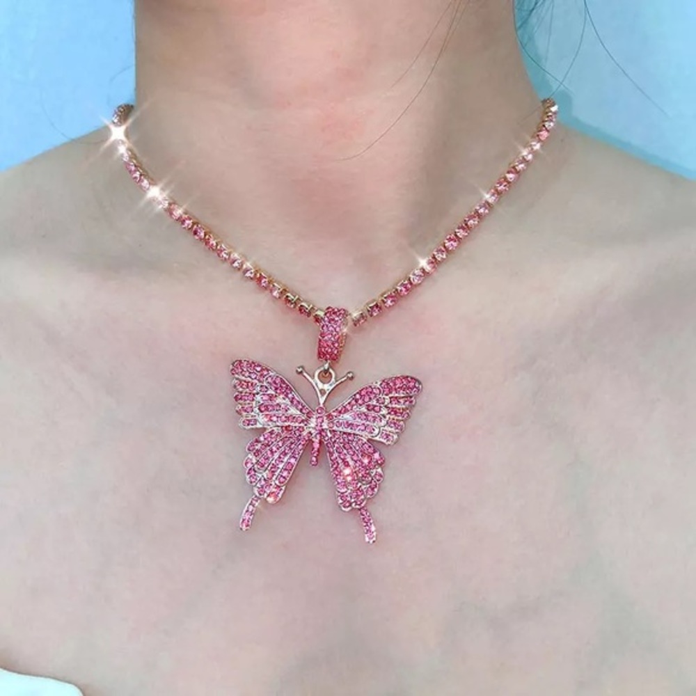 Sparkling gold pink stone butterfly fashion necklace